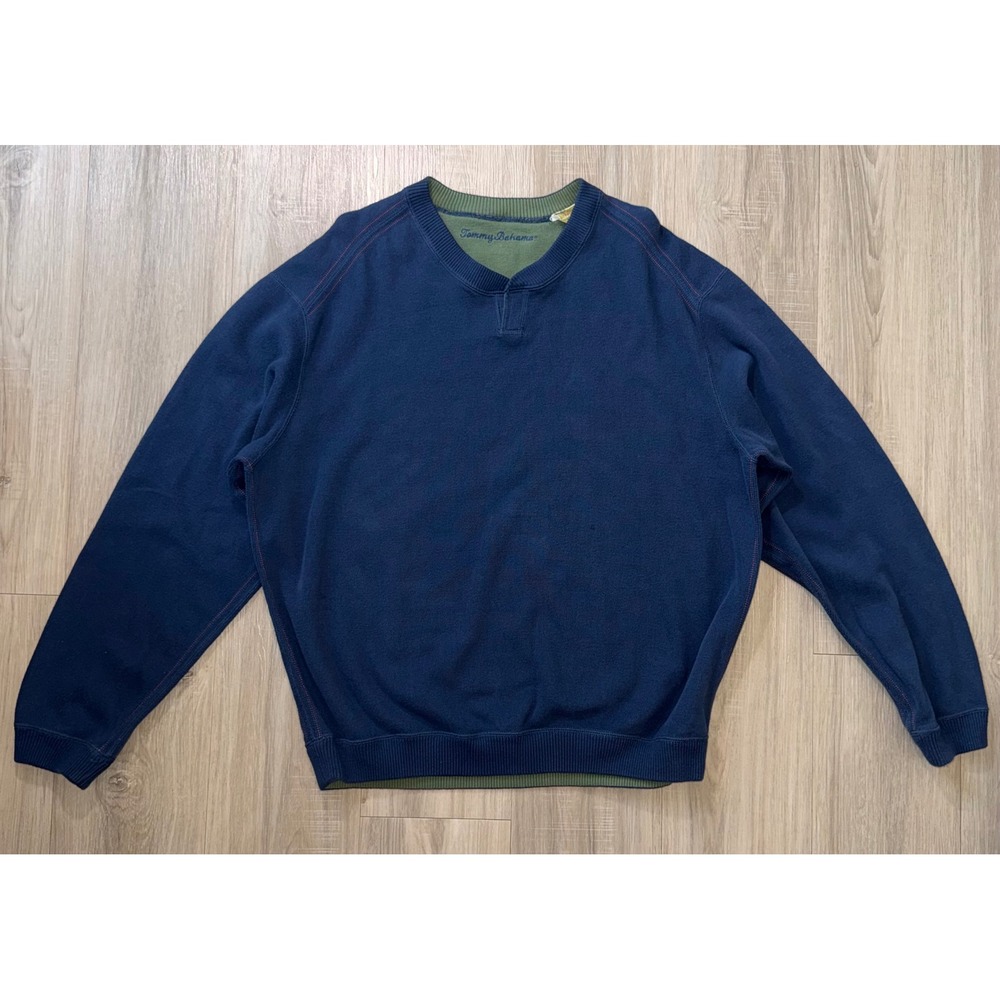 Tommy Bahama Mens XL Blue Cotton Split Crew Neck Pullover Sweater Marlin Logo